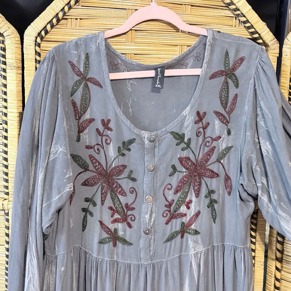 Sacred threads long sleeve boho ombré floral embroidered dress XXL gray maroon - Picture 4 of 9